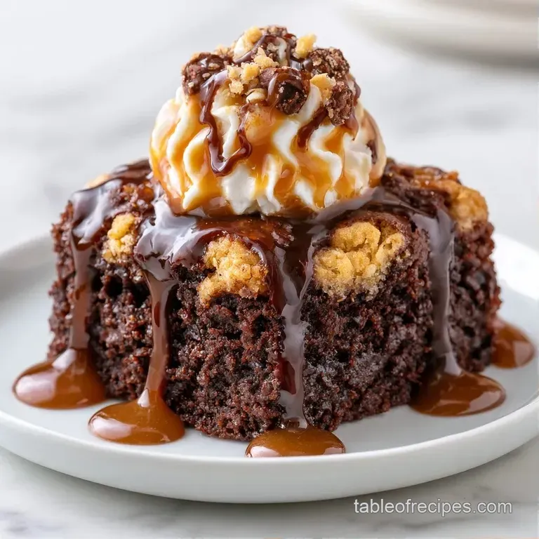 Square chocolate dessert bars stacked on a white marble slab, topped with shimmering caramel and coarse sea salt.