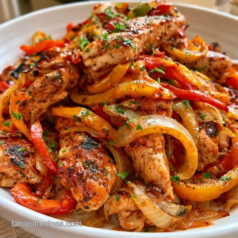 Searing strips of golden chicken and charred peppers paired with warm tortillas and bright lime on a white platter.