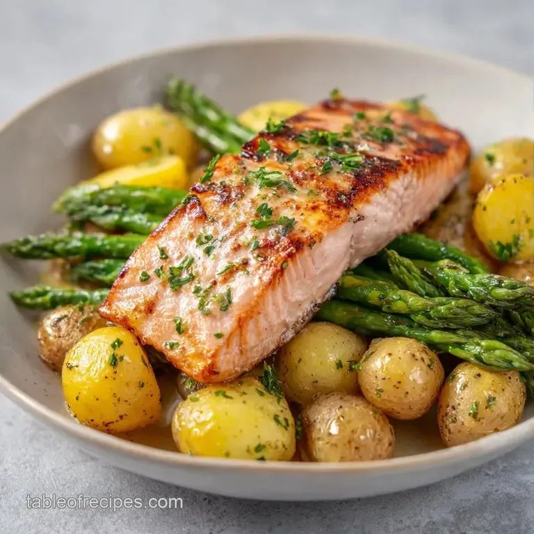 A seared pink salmon fillet perched atop tender green asparagus, garnished with a bright yellow lemon slice.