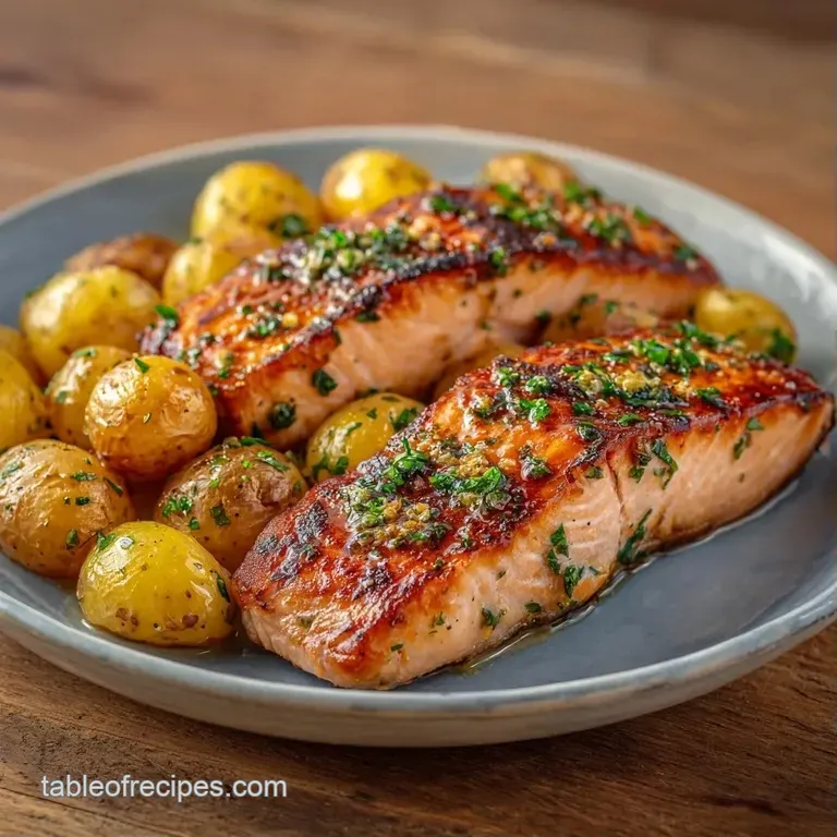 A flaky pink salmon fillet atop crispy roasted potatoes, garnished with a lemon wedge and fresh green parsley.