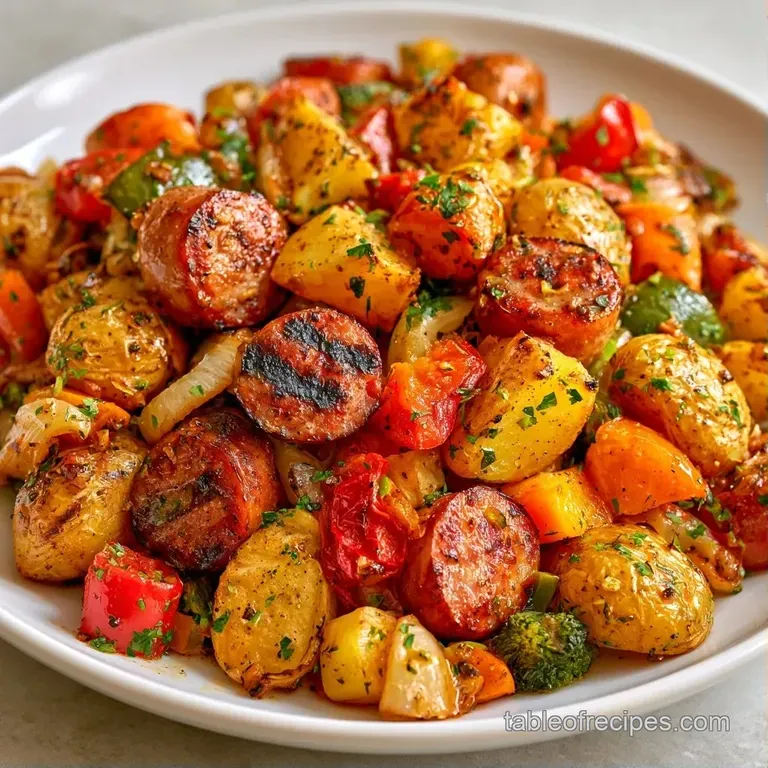 Sliced browned sausage and colorful roasted vegetables arranged neatly in a glass meal prep container.
