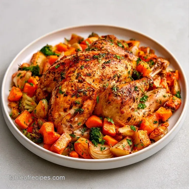 Sliced roasted turkey breast atop a bed of colorful root vegetables on a clean white ceramic plate with herbs.