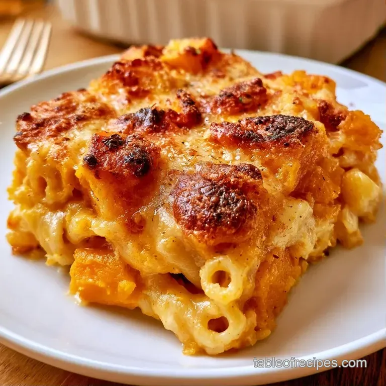 A scoop of creamy orange pasta with roasted squash cubes and melted mozzarella served on a white ceramic plate.