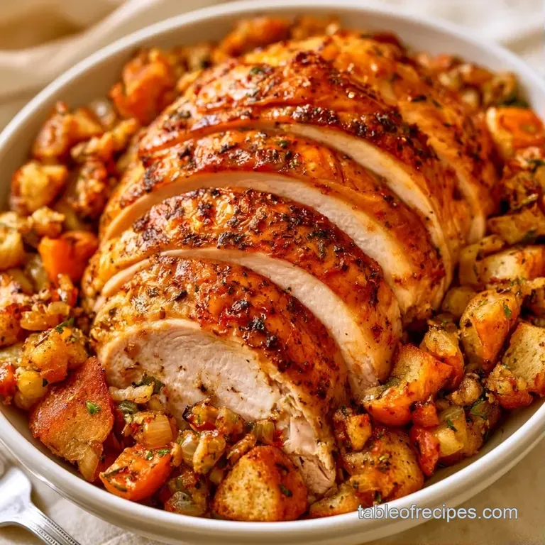 Elegant slices of roast turkey on a white platter with vibrant orange carrots and a drizzle of glossy brown gravy.
