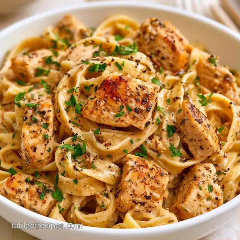 Elegant swirl of cream-coated pasta and tender chicken breast garnished with parsley on a minimalist white plate.