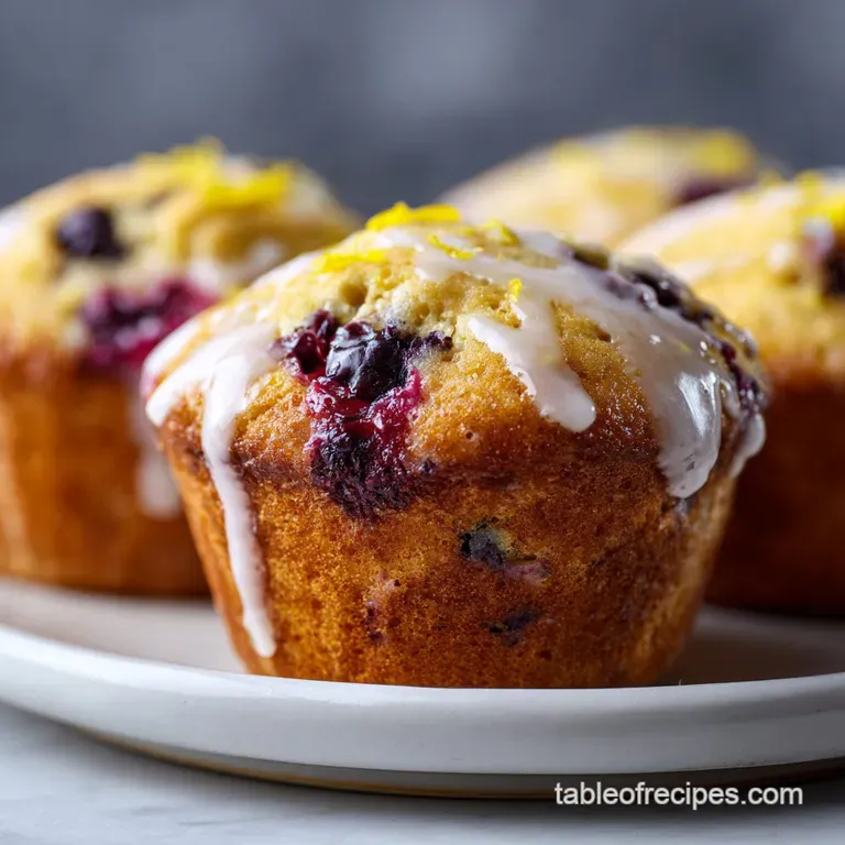 A trio of fluffy blueberry lemon muffins, dusted with powdered sugar, arranged on a rustic plate.