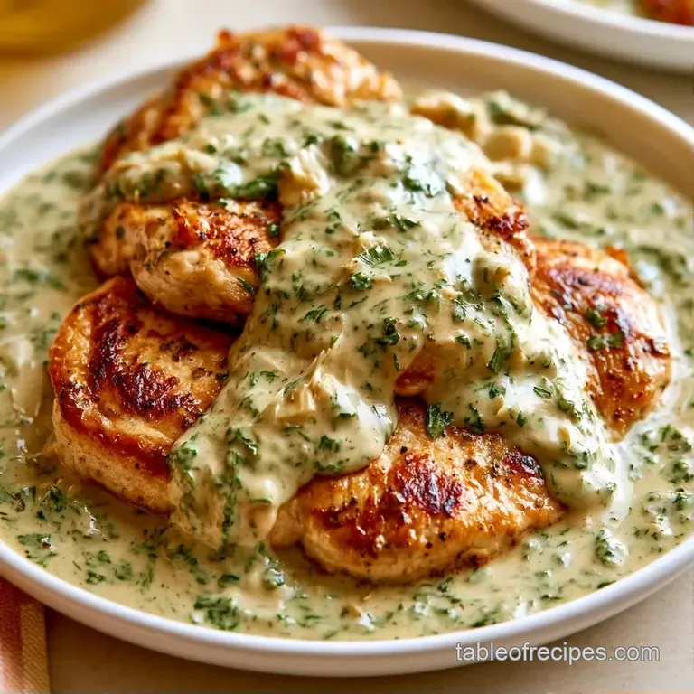 Seared chicken breast topped with melted white cheese and artichokes on a white plate, garnished with fresh parsley.