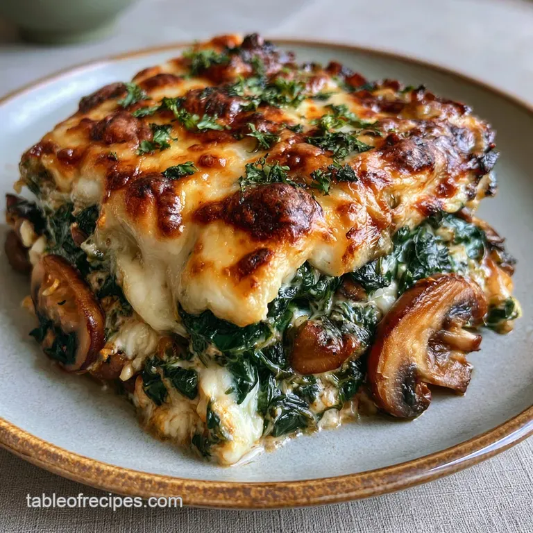 A neat slice of layered pasta with creamy white sauce, earthy mushrooms, and vivid green spinach on a white plate