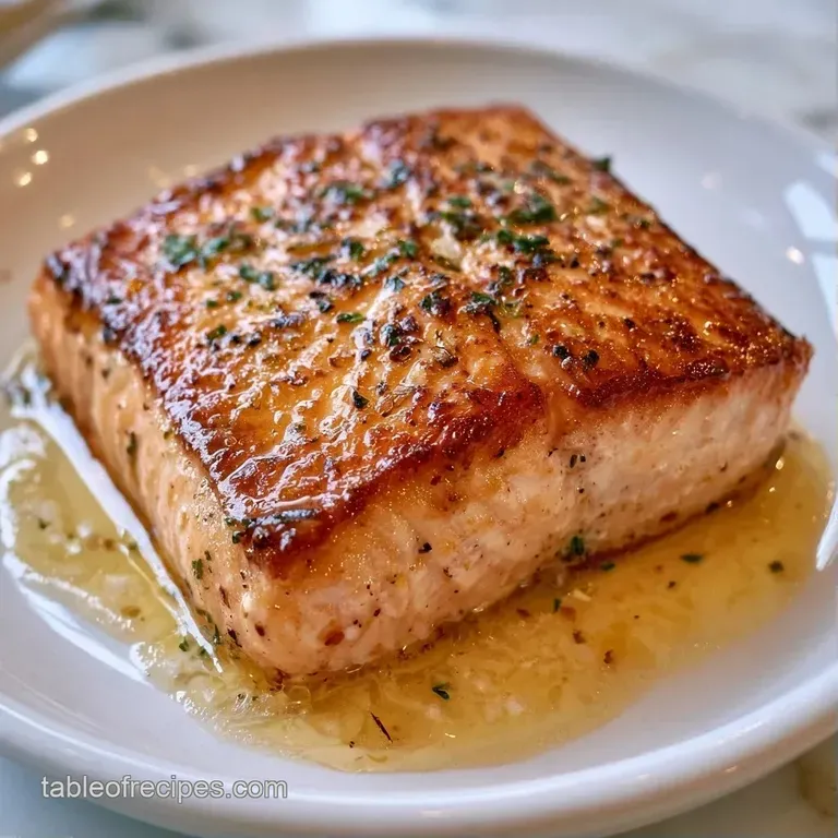 Pan-seared pink fish fillet atop a bed of vibrant green asparagus, drizzled with a glossy lemon butter sauce.