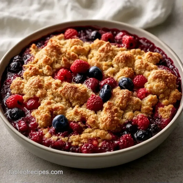 A scoop of warm, jammy mixed berries topped with a golden crust and a melting dollop of vanilla bean ice cream.