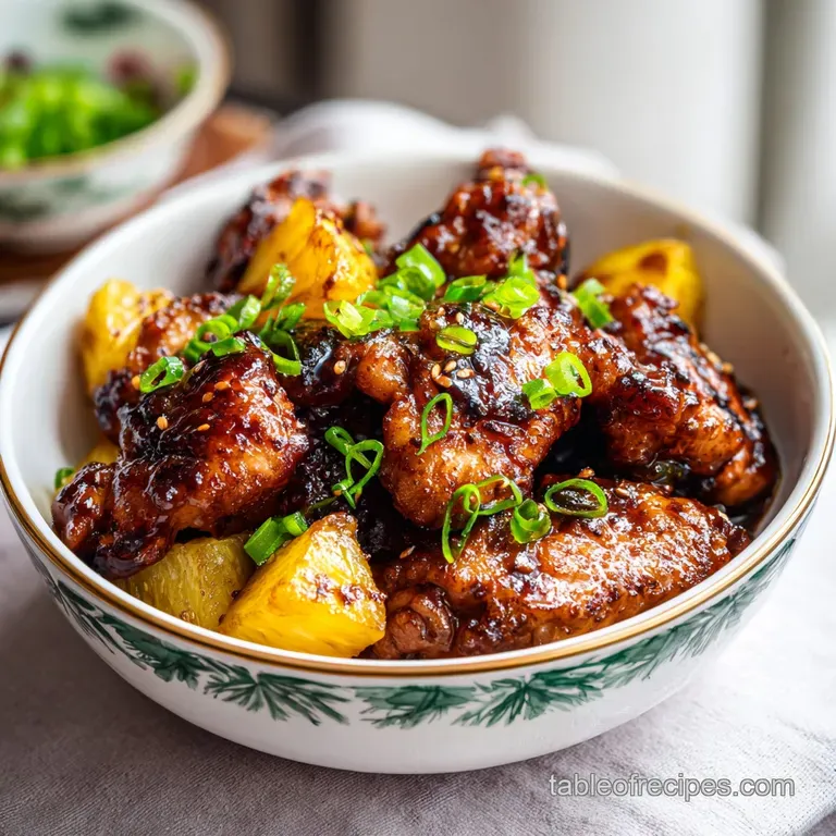 Glazed golden chicken breasts paired with grilled pineapple rings and bright green scallions on a white platter.