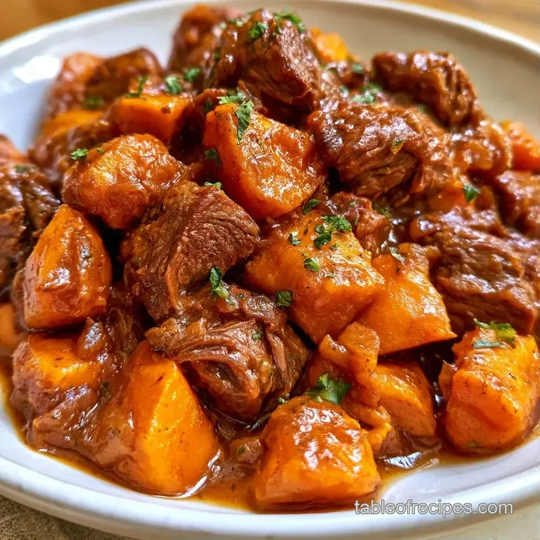 Rich brown stew in a rustic bowl, garnished with chopped herbs, served alongside a slice of toasted sourdough bread.