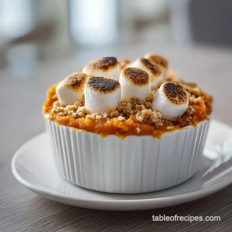 A neat scoop of creamy orange root vegetable mash topped with a toasted marshmallow on a minimal white ceramic plate.
