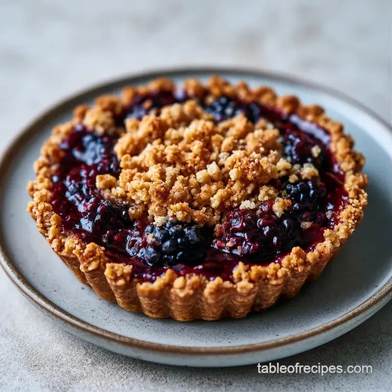 A slice of warm purple fruit crumble topped with a melting scoop of vanilla ice cream on a white ceramic plate.