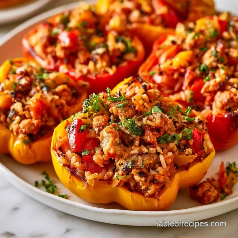 Two brightly colored bell peppers filled with savory grains and meat, plated on white porcelain with lime wedges.