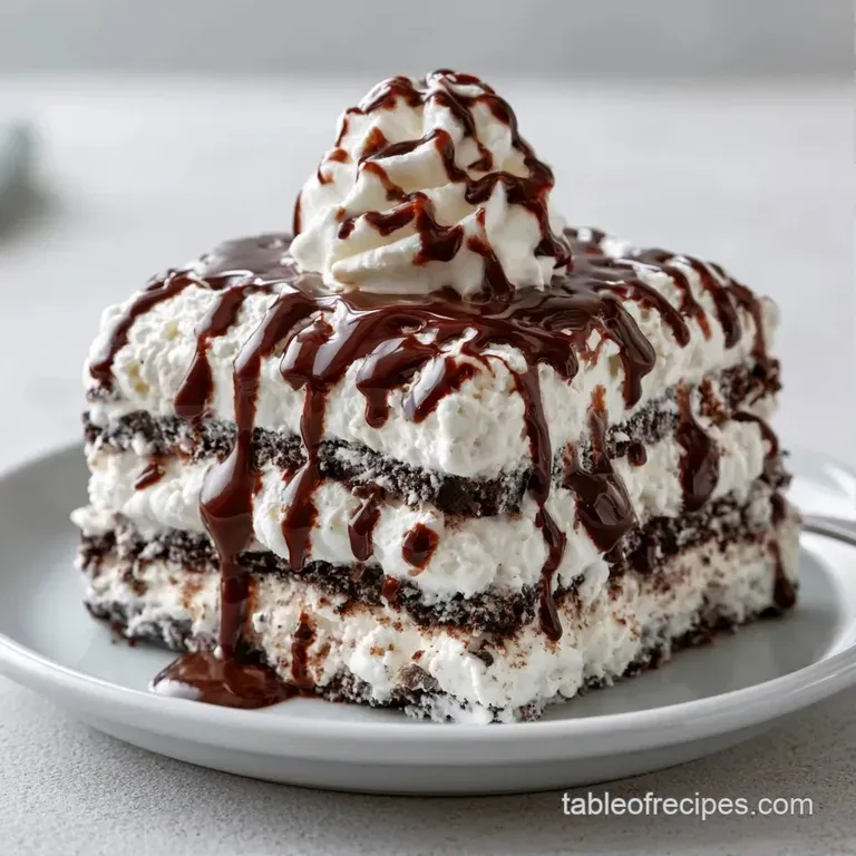 A tall slice of layered frozen dessert on a white plate, topped with whipped cream and a single fresh mint leaf.