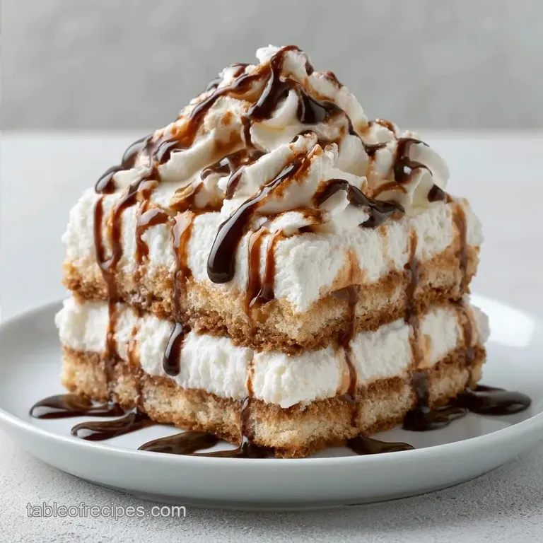 Whipped Cream Ice Cream Sandwich Cake with Chocolate Syrup