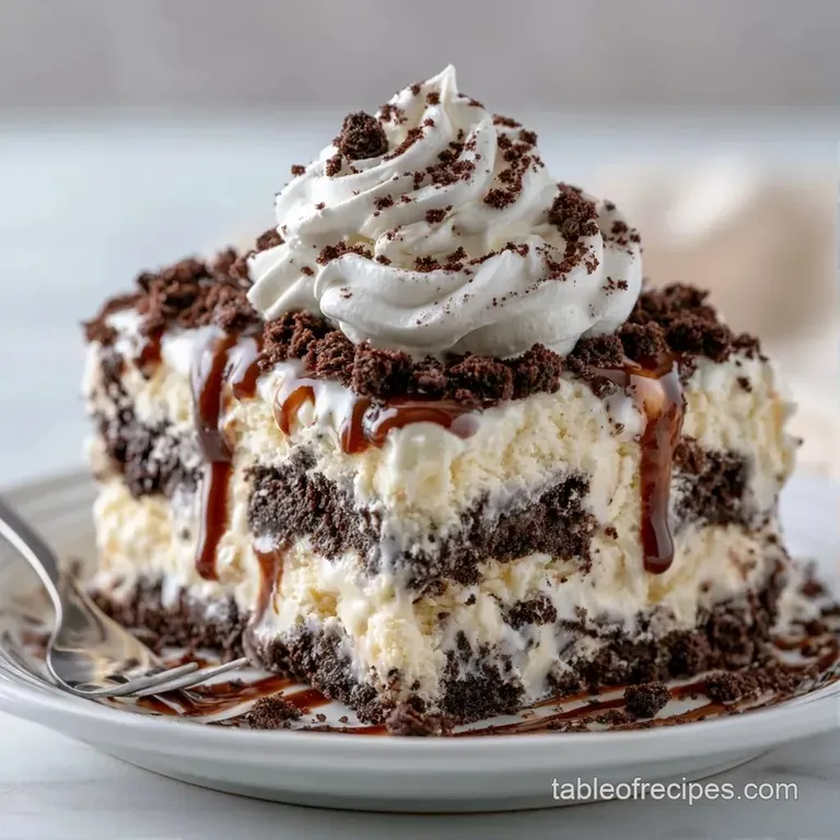 A thin slice of layered frozen cake on a white plate, topped with a swirl of cream and a single fresh mint leaf.