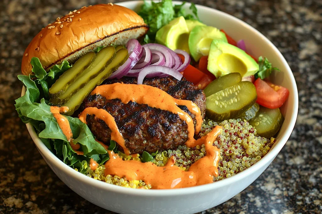Delicious burger bowl recipe with all the toppings