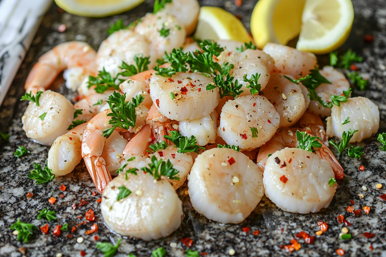 Uncooked shrimp and scallop recipe ingredients